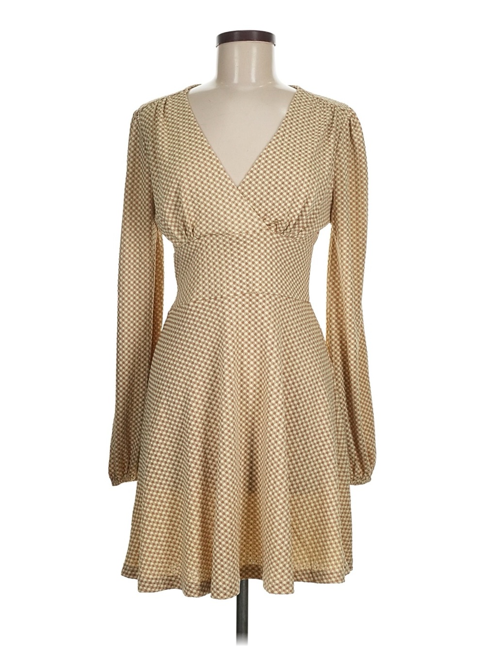 NWT Medium Cider Beige Check V-Neck Long-Sleeve Fit & Flare Dress